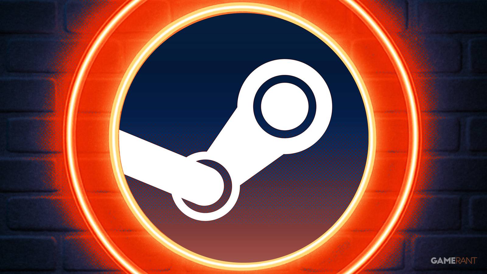 Steam logo in the middle of circular red neon sign on blue brick wall stylized 2x1 composite