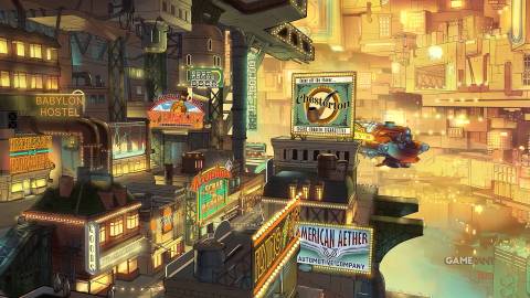 Aether and Iron trailer still frame retro futuristic city gold color scheme