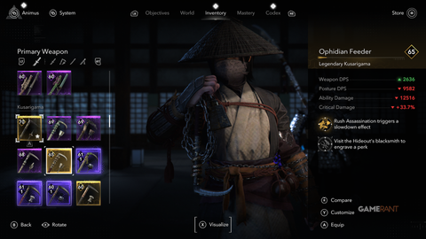 Assassin’s Creed Shadows Claws of Awaji Ophidian Feeder Kusarigama Stats