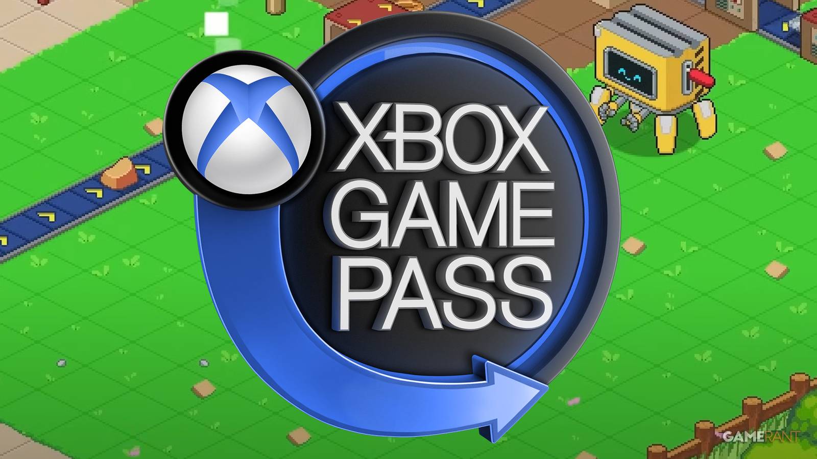 Blue Xbox Game Pass emblem in front of Little Rocket Lab gameplay screenshot green lawn yellow robot