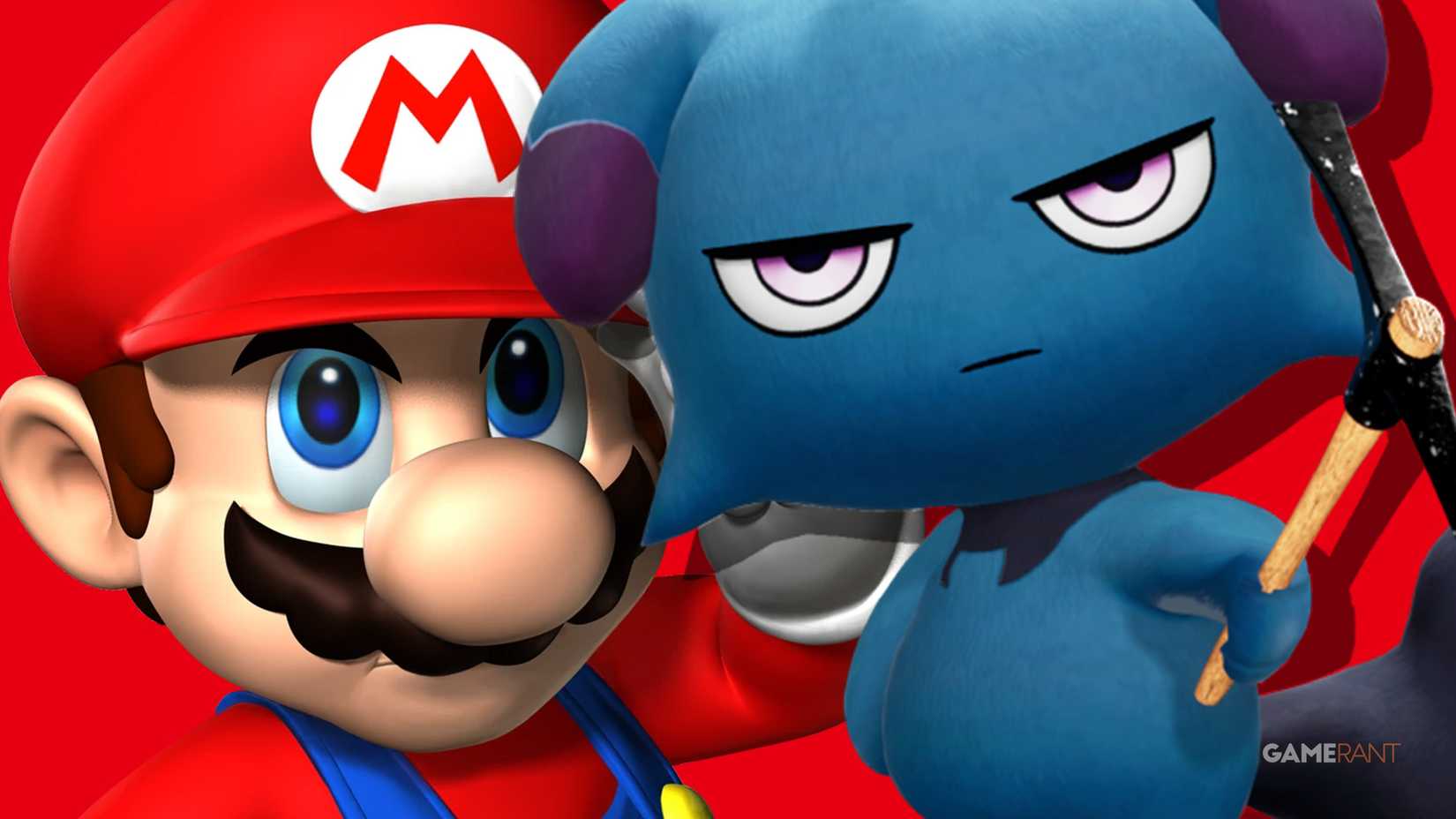 Mario and Depresso Nintendo vs Palworld Pocketpair red background composite