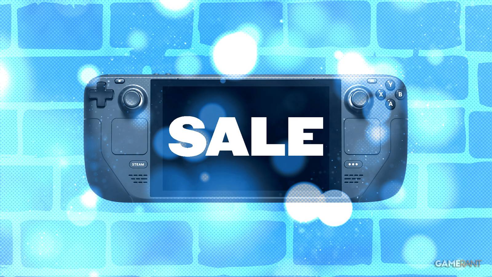Steam Deck displaying all-caps SALE sign blue brick wall with bokeh stylized background composite