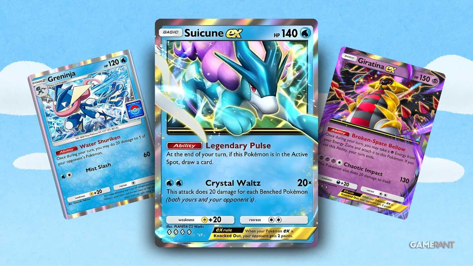 suicune ex, greninja, giratina ex cards in pokemon tcg pocket.