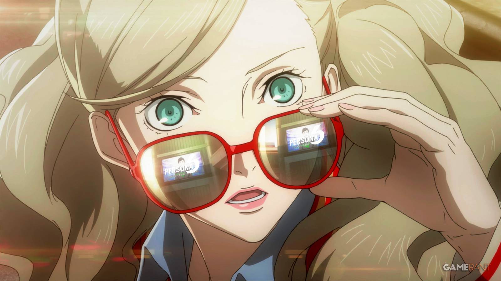 Ann Takamaki lowering sunglasses in disbelief in Persona 5 with Persona 6 logo reflections visible