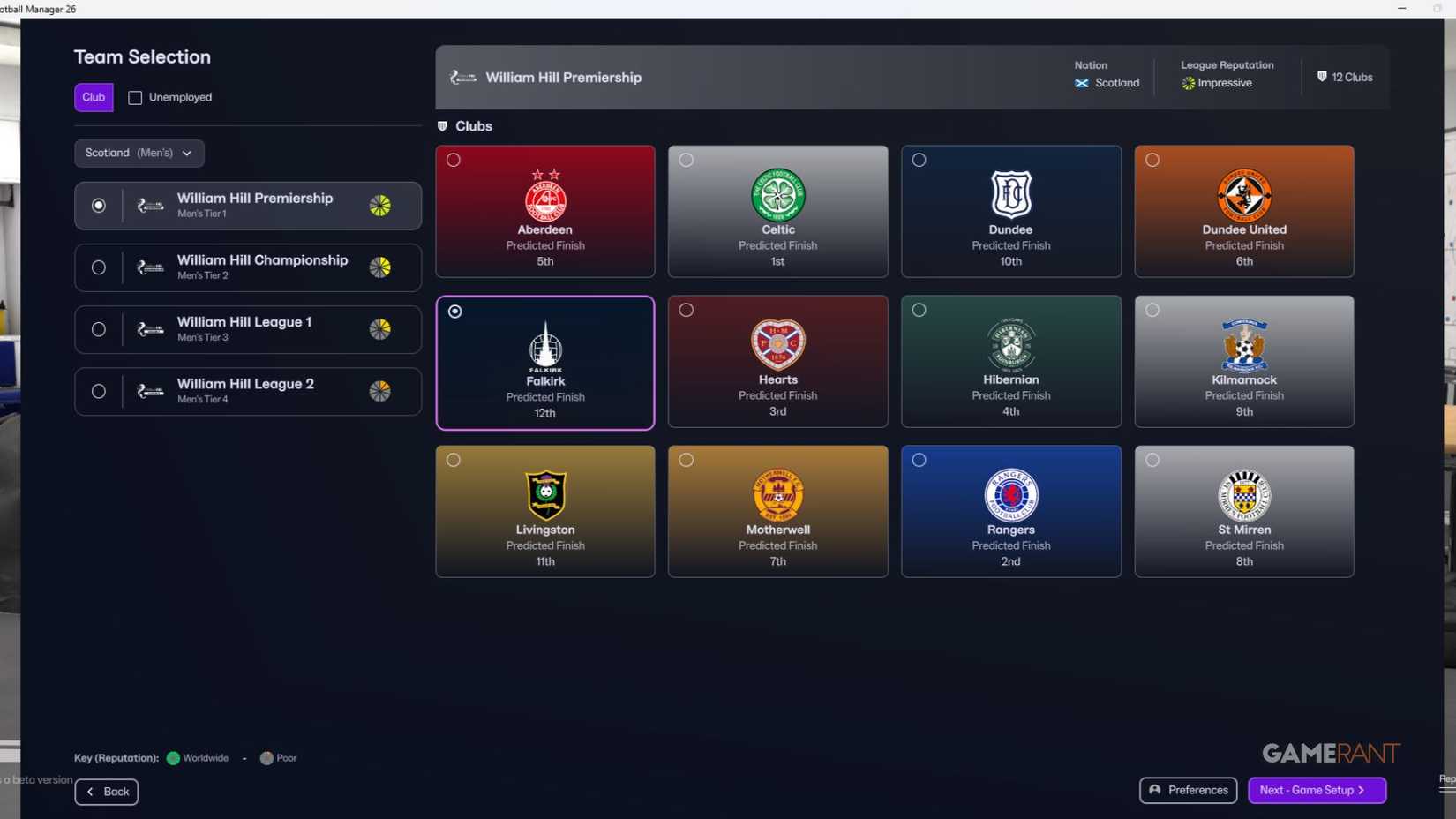 Football Manager 26 - Team Selection - Falkirk