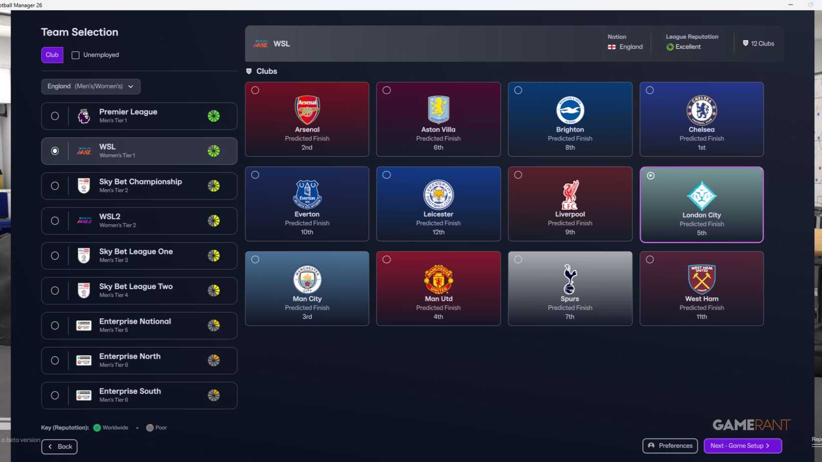 Football Manager 26 - Team Selection - Women's Super League