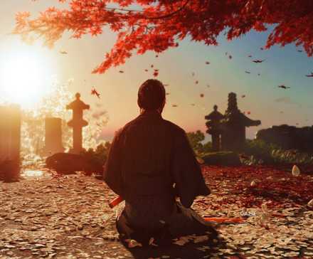 Ghost of Tsushima Jin Sakai kneeling in family graveyard under red tree