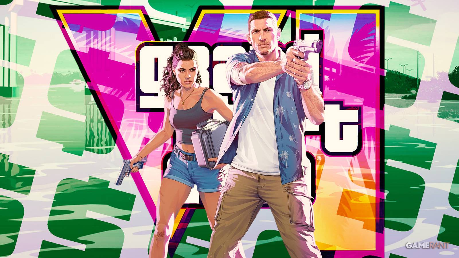 Grand Theft Auto 6 Jason and Lucia in front of game logo and dollar signs