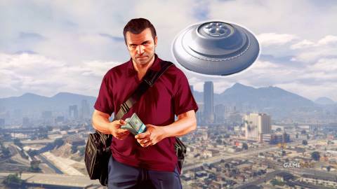 Grand Theft Auto 5's Michael standing in front of a UFO.