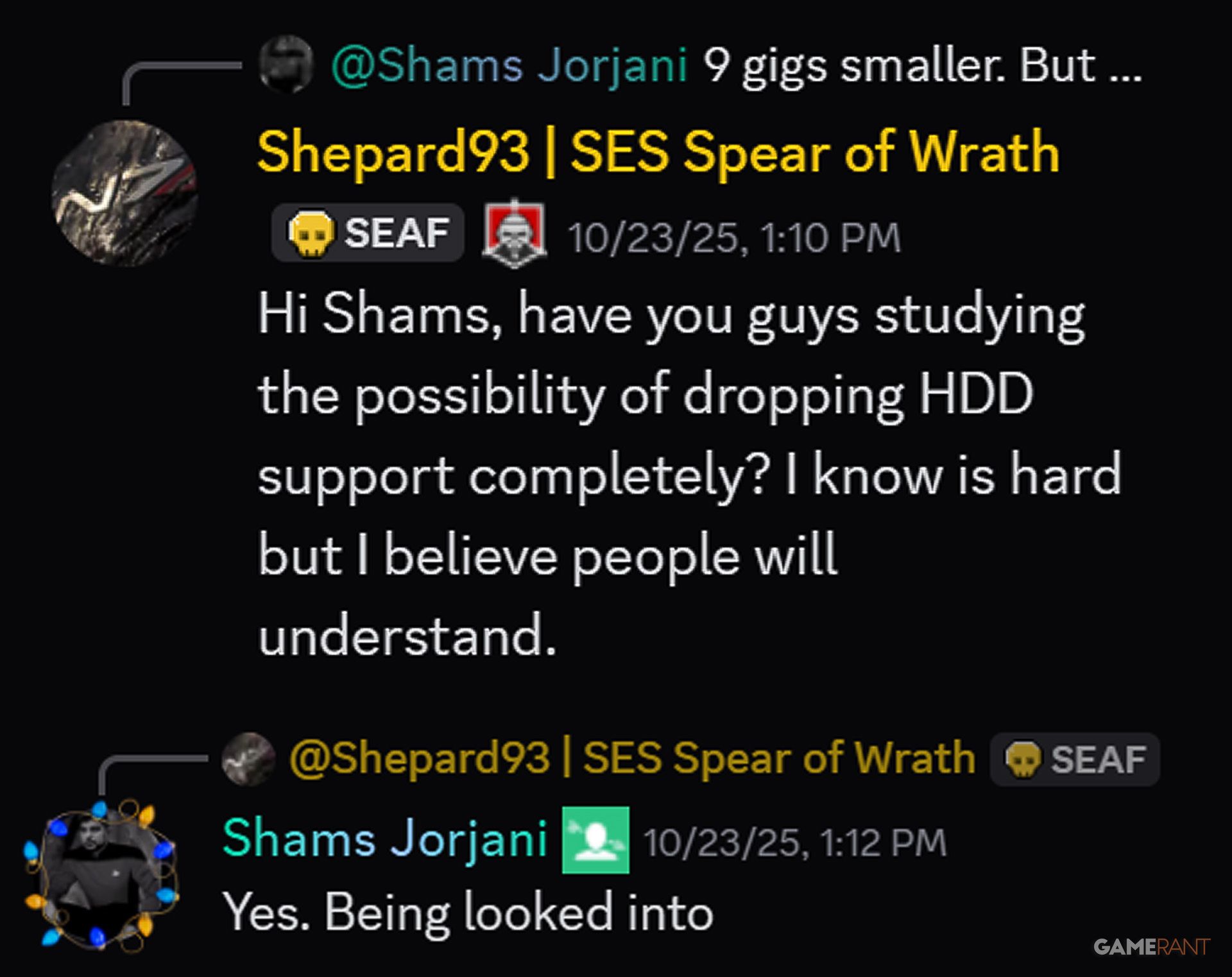 CEO da Arrowhead, Shams Jorjani, discute a remoção do suporte a HDD em Helldivers 2 no Discord.