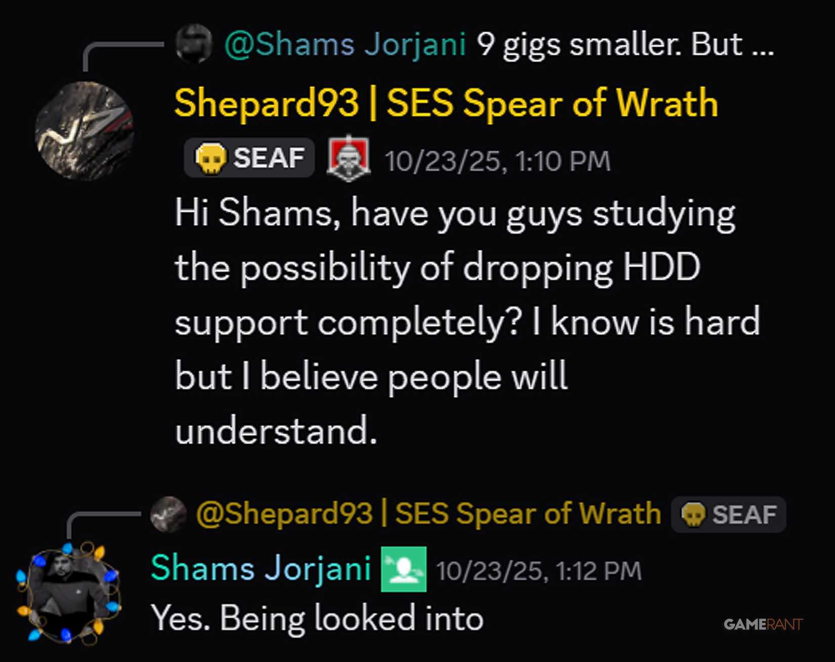 Helldivers 2 Dropping HDD Support possibility Arrowhead CEO Shams Jorjani Discord coment