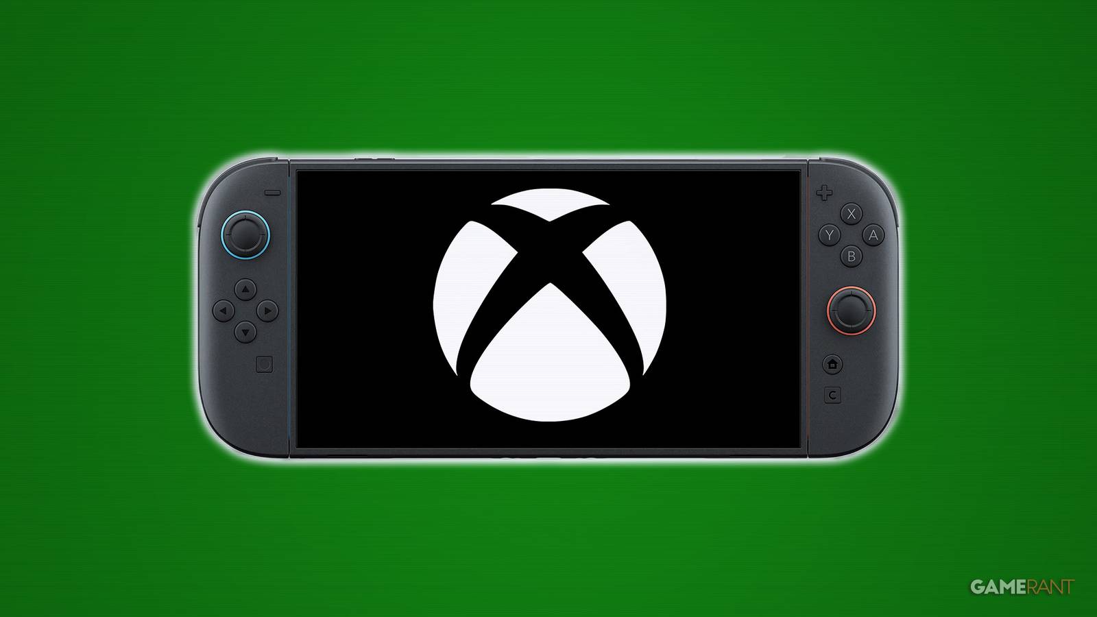 Nintendo Switch 2 on green background displaying white Xbox logo emblem submark composite