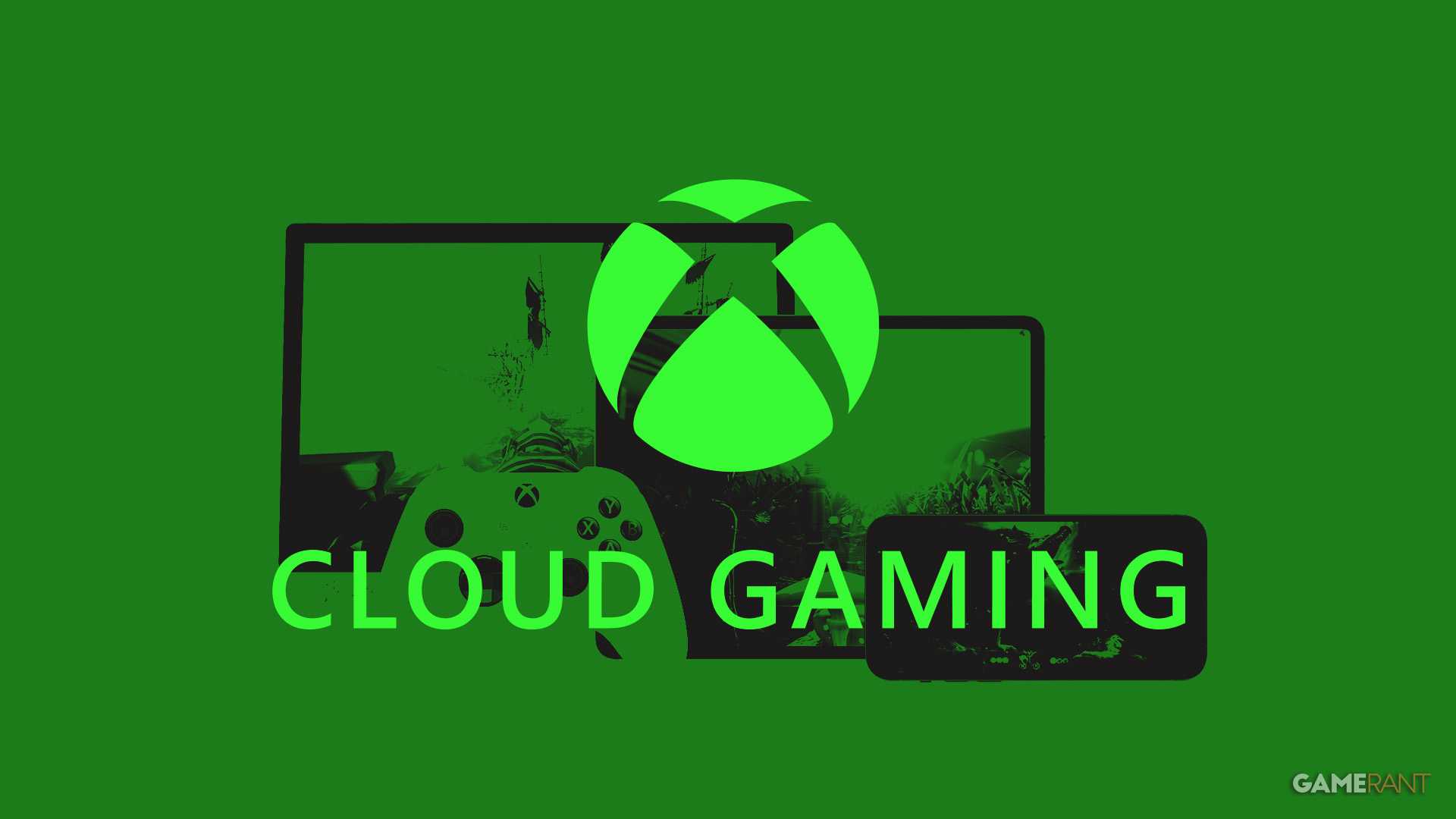 Xbox Cloud Gaming fluorescent logo over device silhouettes green background