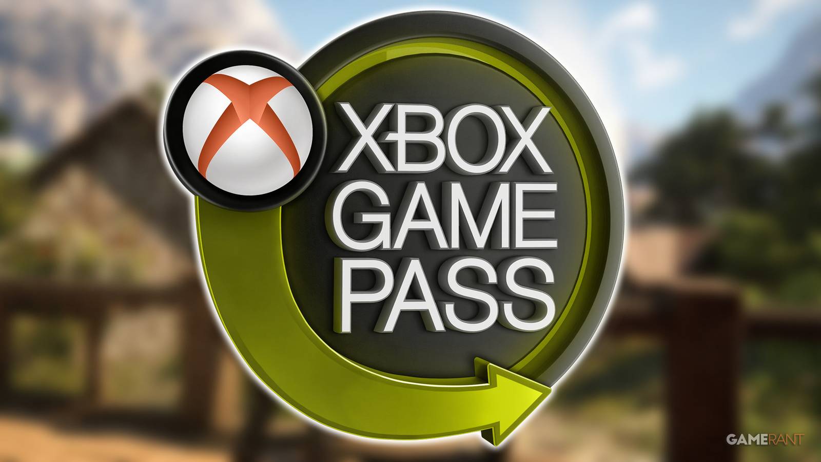Xbox Game Pass logo over sign Pax Dei blurred gameplay screenshot