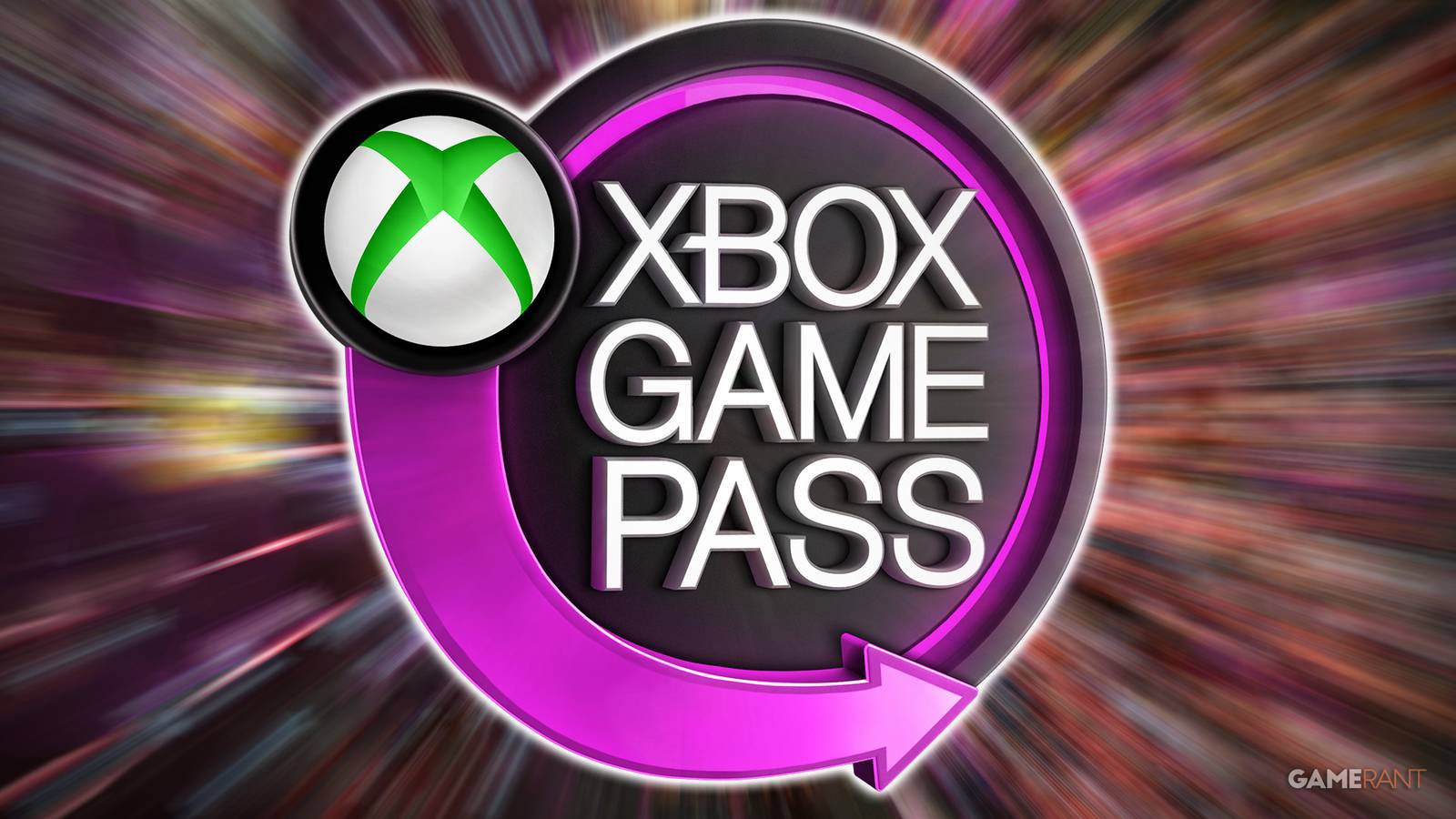 Xbox Game Pass logo purple over Halls of Torment zoom-blurred screenshot