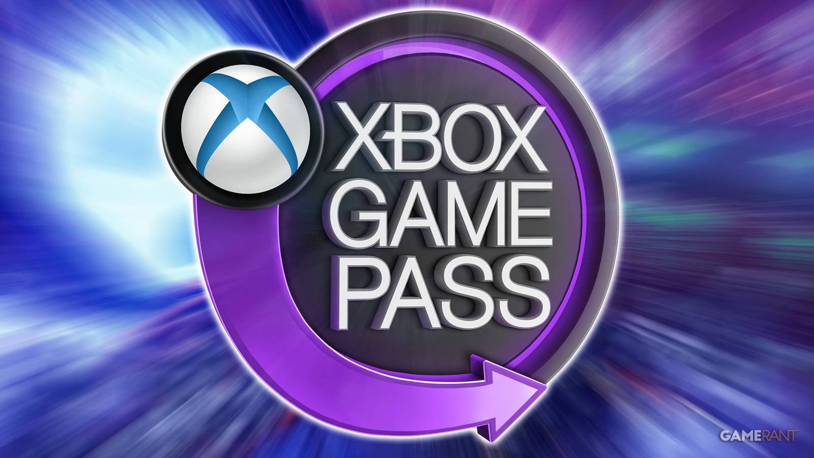 Xbox Game Pass purple emblem over Ninja Gaiden 4 zoom-blurred screenshot composite