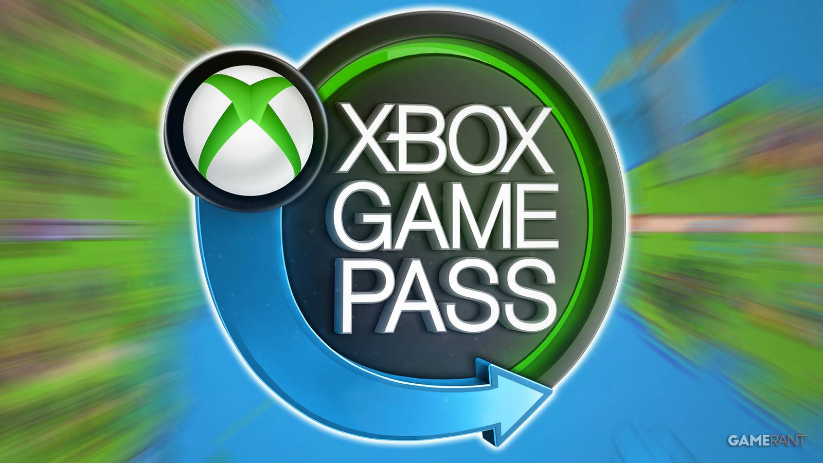 Xbox Game Pass two-color logo over zoom-blurred Super Fantasy Kingdom gameplay screenshot