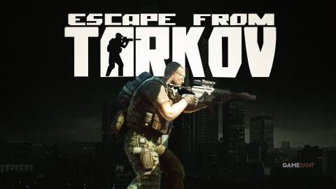 Escape from Tarkov character with assault rifle below white game logo cross-hatched texture cityscape composite