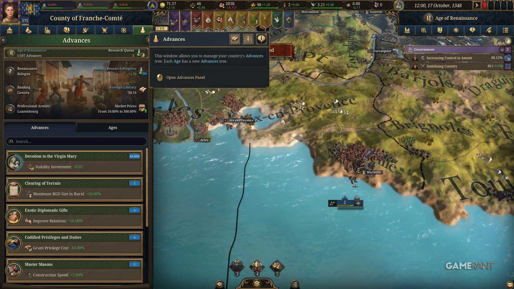 Europa Universalis 5 - Advances Panel