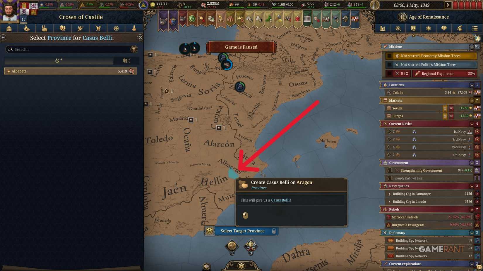 Europa Universalis 5 - Select Province for Claim