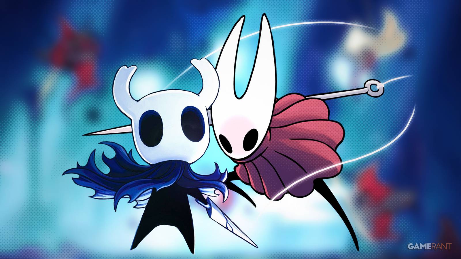 Hollow Knight and Hornet from Silksong dot halftone shading effect composite