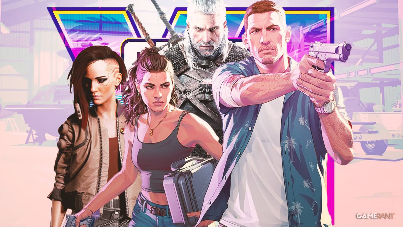 Jason and Lucia from GTA 6 next to V from Cyberpunk 2077 and Geralt from The Witcher 3 Wild Hunt composite