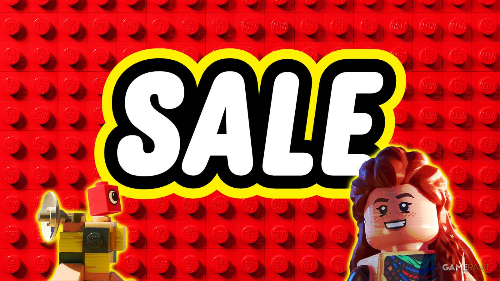 LEGO Sale Typeface with LEGO Voyagers and Aloy from Horizon Adventures composite