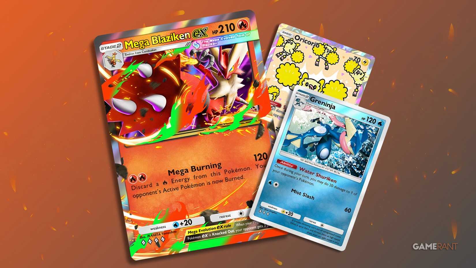 greninja, oricorio, mega v=blaziken ex cards in pokemon tcg pocket.