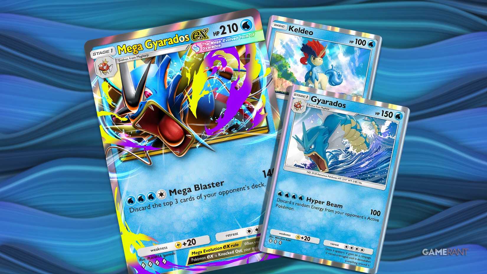 mega gyarados ex, gyarados, and keldeo cards in pokemon tcg pocket.
