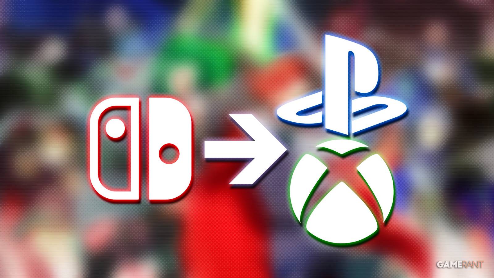 Nintendo Switch to PlayStation Xbox logo transition illustration over blurred Dark Deity 2 character artwork