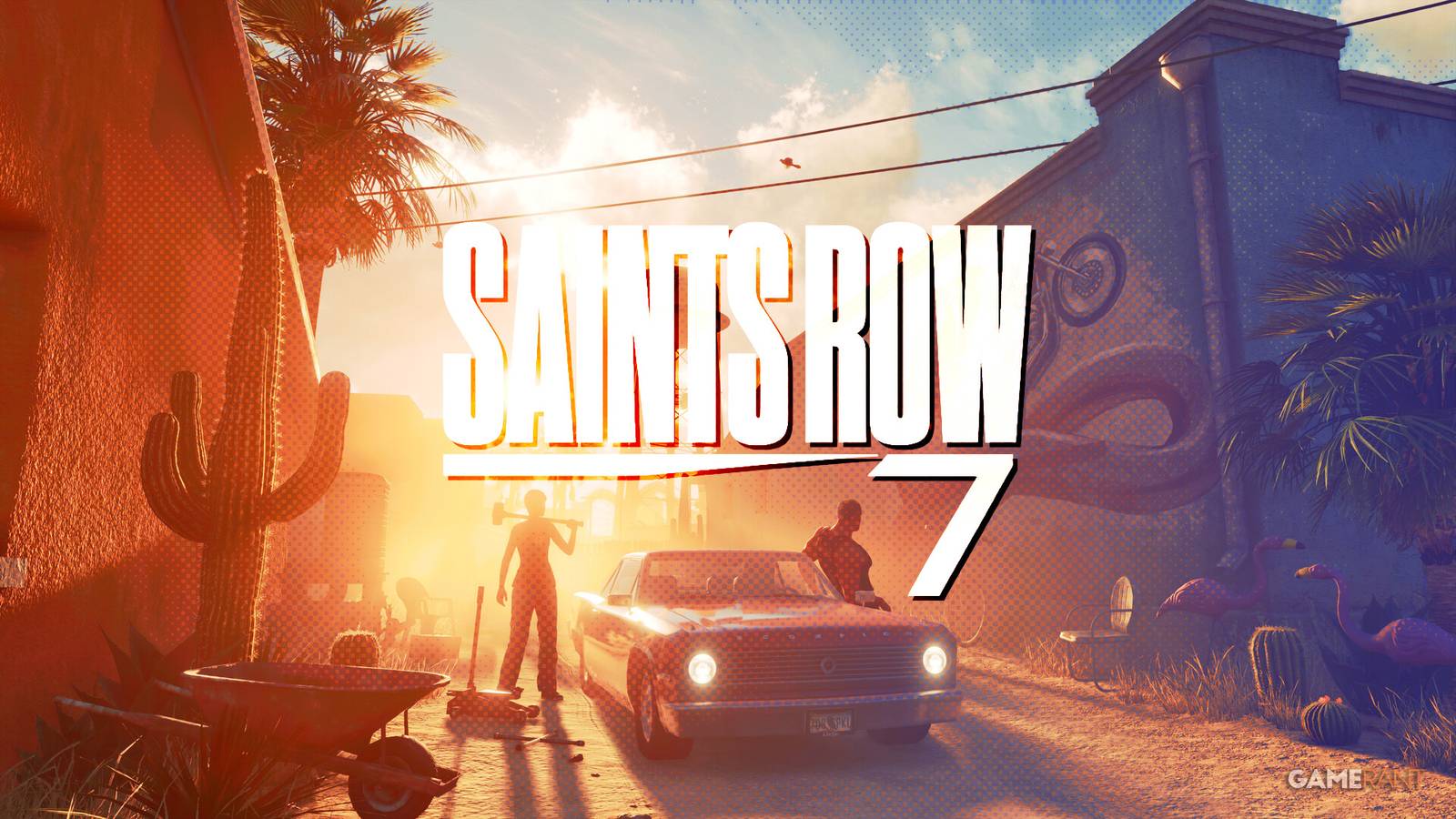 Saints Row 7 mockup logo over dot halftone SR 2022 artwork