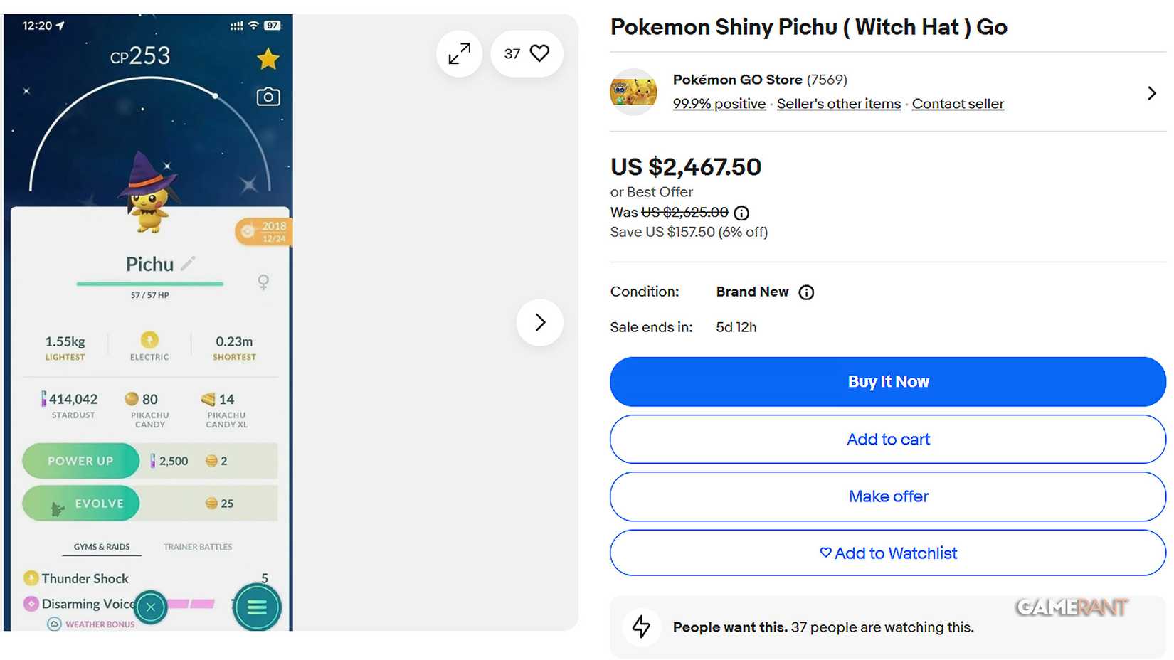 Shiny Pichu Witch Hat eBay listing by Pokemon GO Store 2.4 grand screenshot November 12 2025