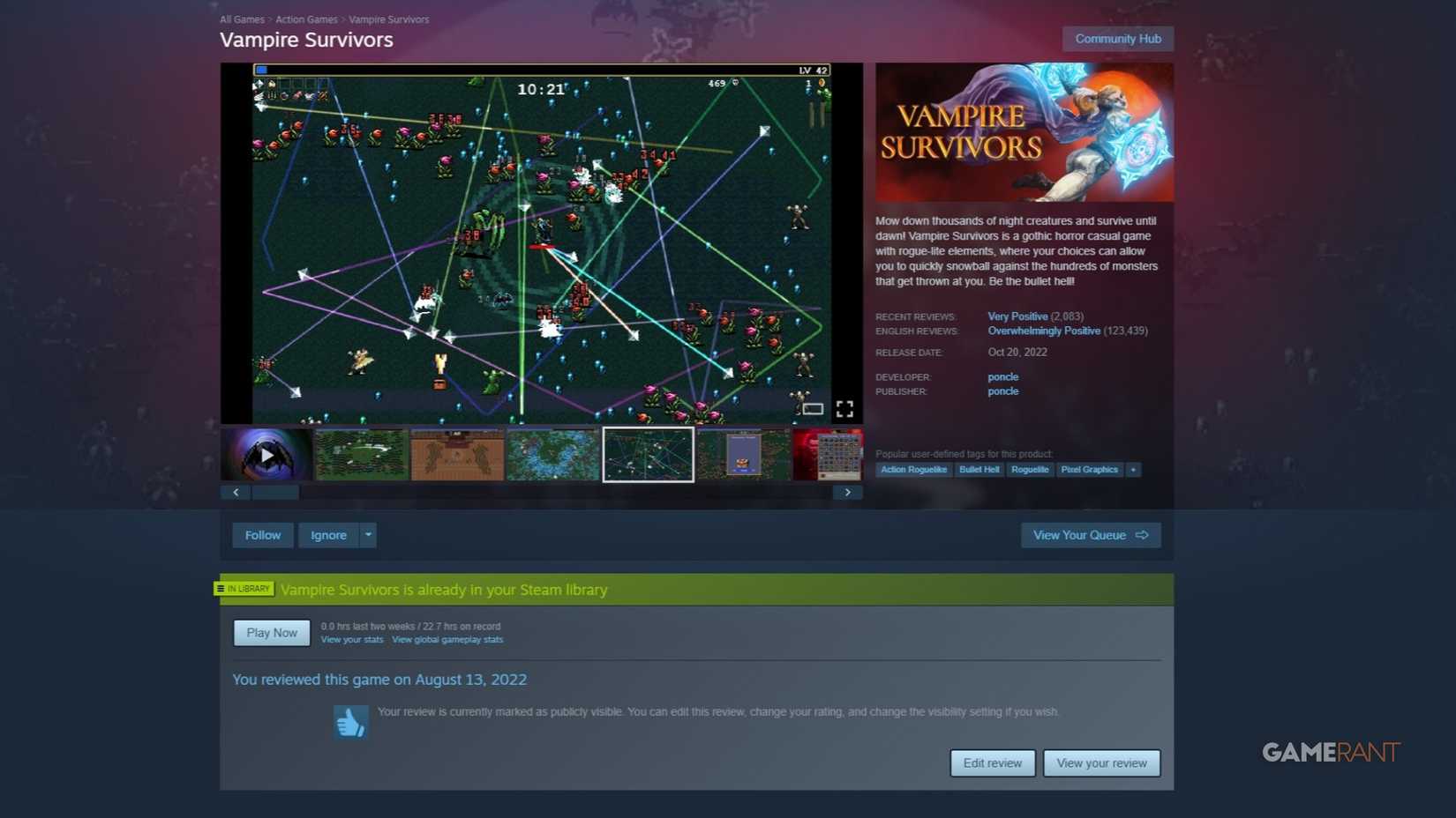 Página de loja Steam com prévia de imagem ampliada para Vampire Survivors