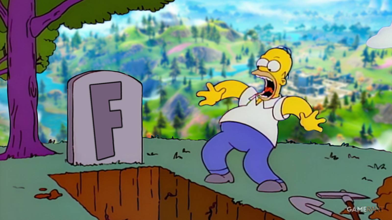 Homer Simpson yelling over fortnite grave