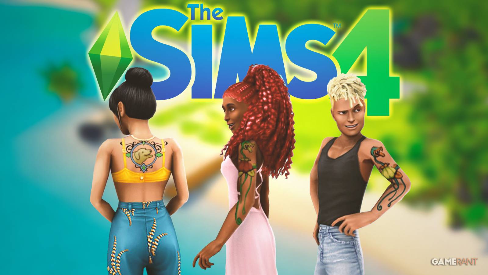 The Sims 4 logo with 3 characters blurred beach background composite