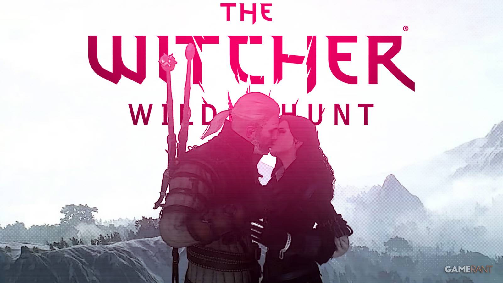 The Witcher 3 Wild Hunt Geralt Kissing Yennefer in snowy mountains composite with pinkish game logo