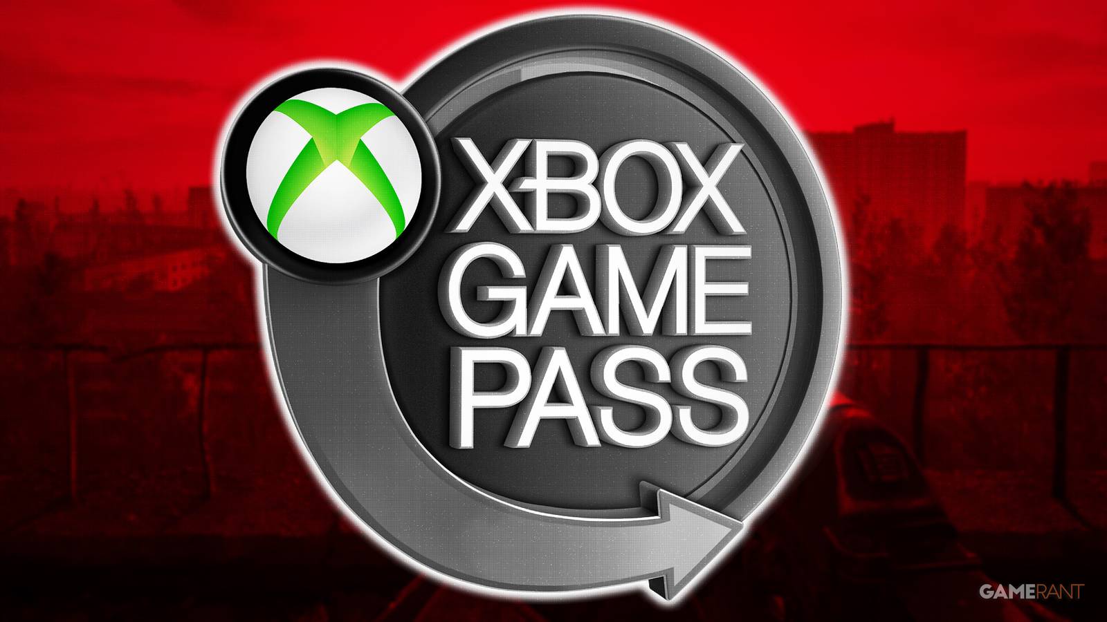 Xbox Game Pass black and white and green neon sign over red-tinted STALKER 2 gameplay screenshot