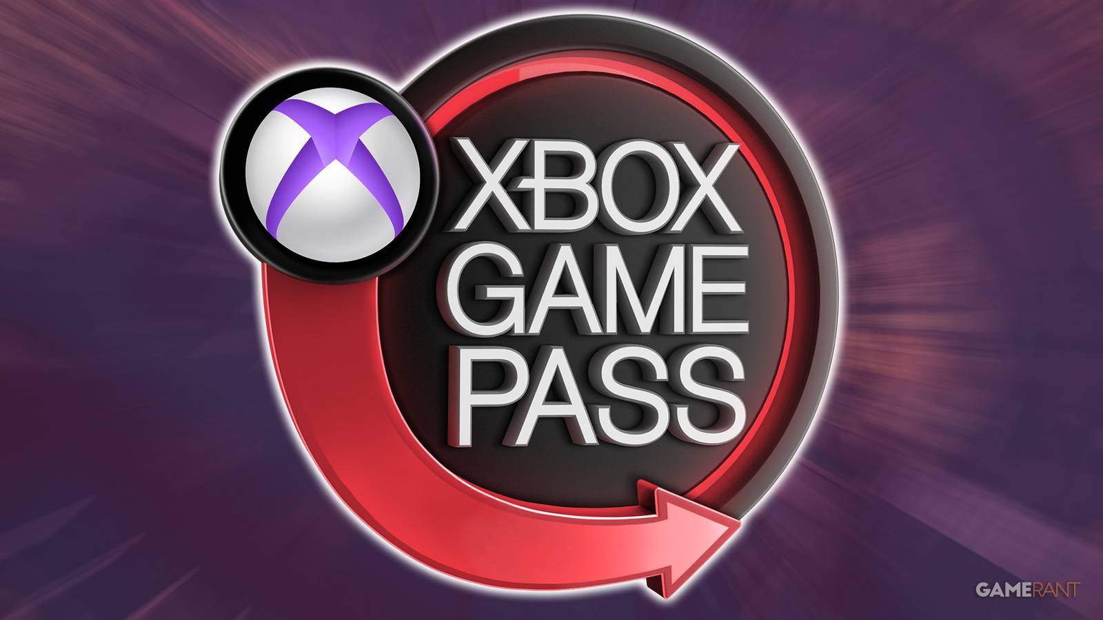 Xbox Game Pass purple and violet glowing neon sign logo over zoom-blurred Dead Static Drive screenshot composite