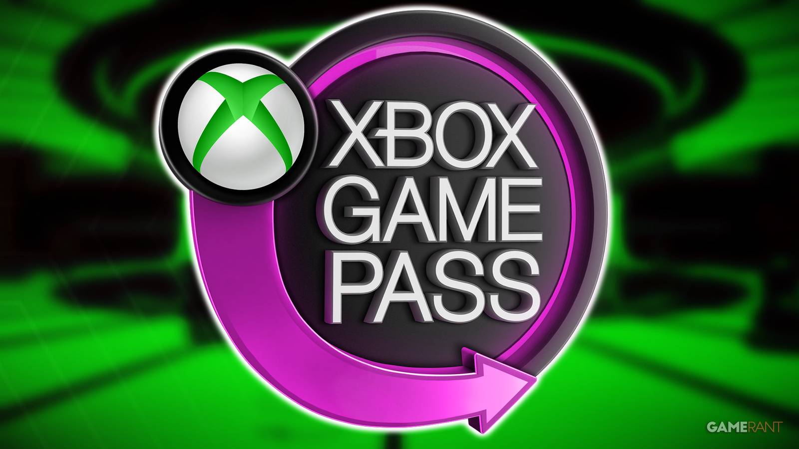 Xbox Game Pass purple neon sign over green-tinted 1000xResist control room screenshot composite