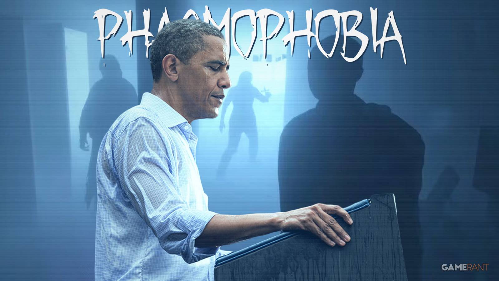 Barack Obama reading speech in front of Phasmophobia ghosts gameplay screenshot with game logo composite