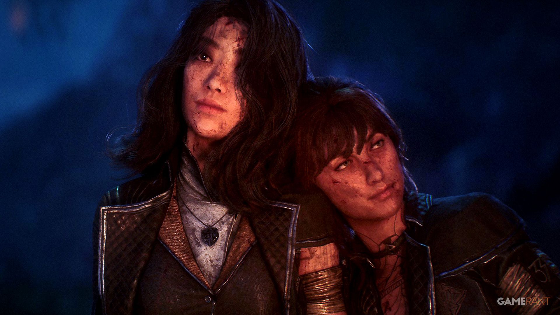 Clair Obscur Expedition 33 Sciel resting on Lune's shoulder