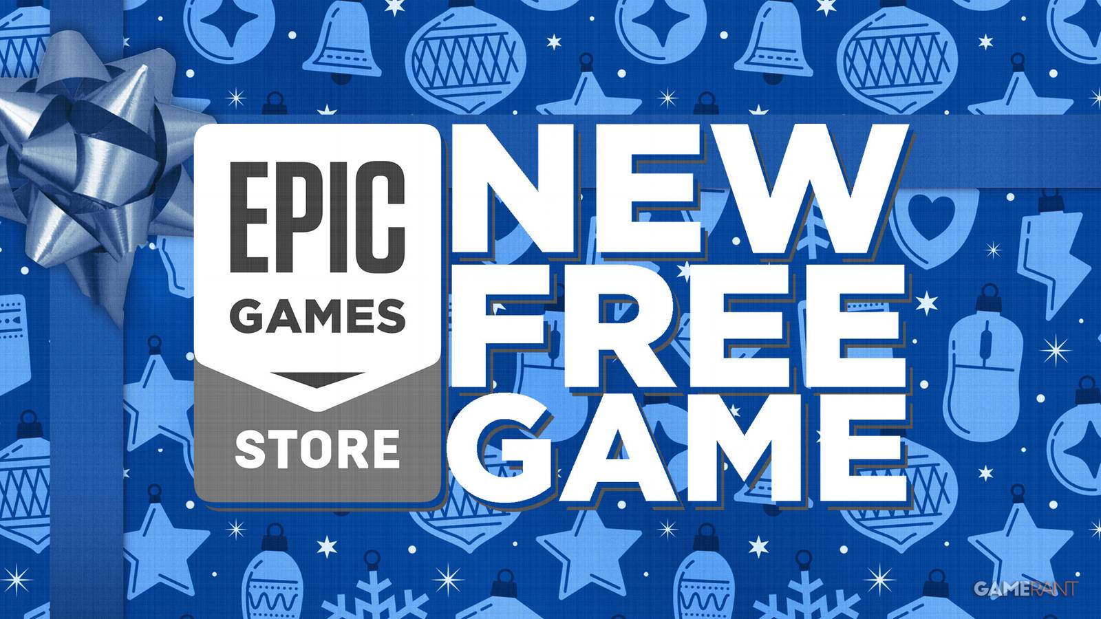 Epic Games Store New Free Game tagline on blue gift wrapping paper composite