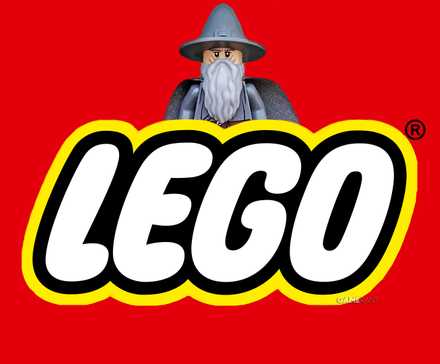 Gandalf minifigure emerging from behind LEGO logo red background