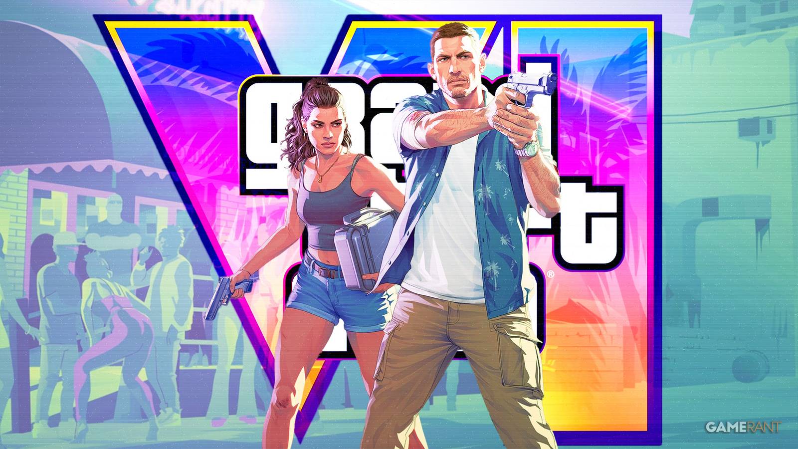 GTA 6 logo behind Jason and Lucia night club art composite