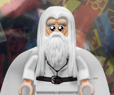 LEGO Gandalf the White pleading watery eyes minifigure Lord of the Rings bricks composite