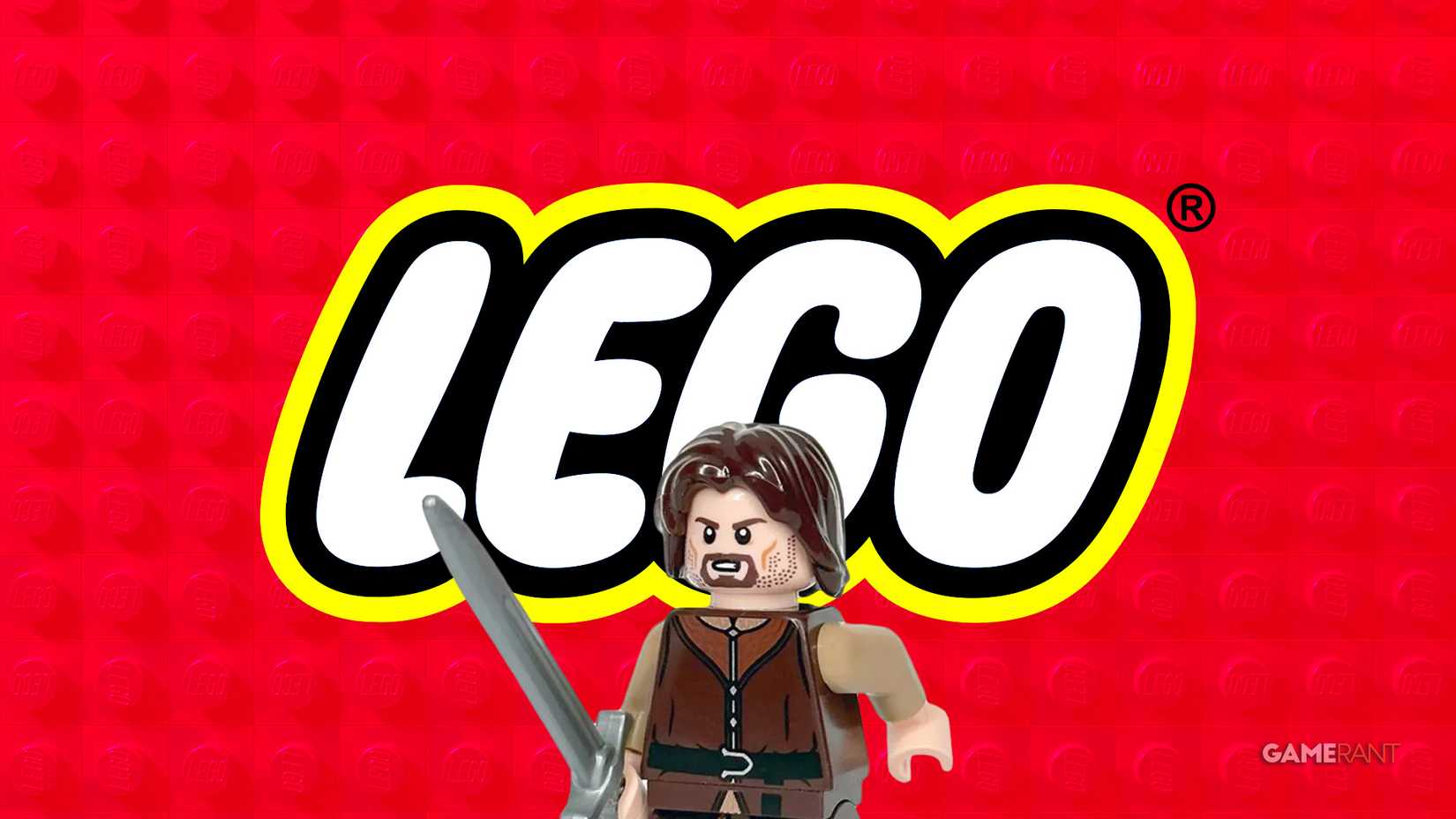 LEGO logo with Lord of the Rings LOTR Aragorn wielding sword minifigure composite