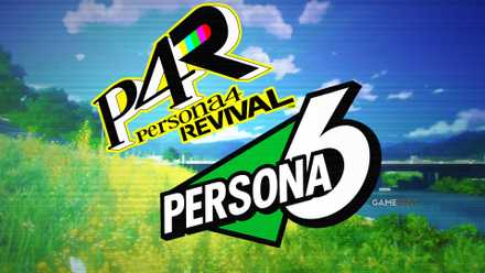 Persona 4 Revival logo above mockup Persona 6 green logo above Inaba TV scenery composite