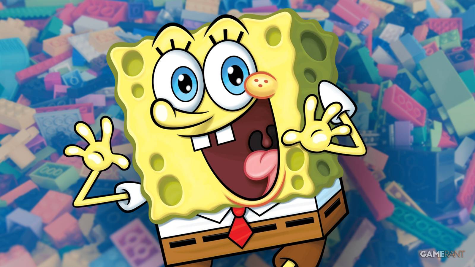SpongeBob SquarePants excited in front of LEGO bricks