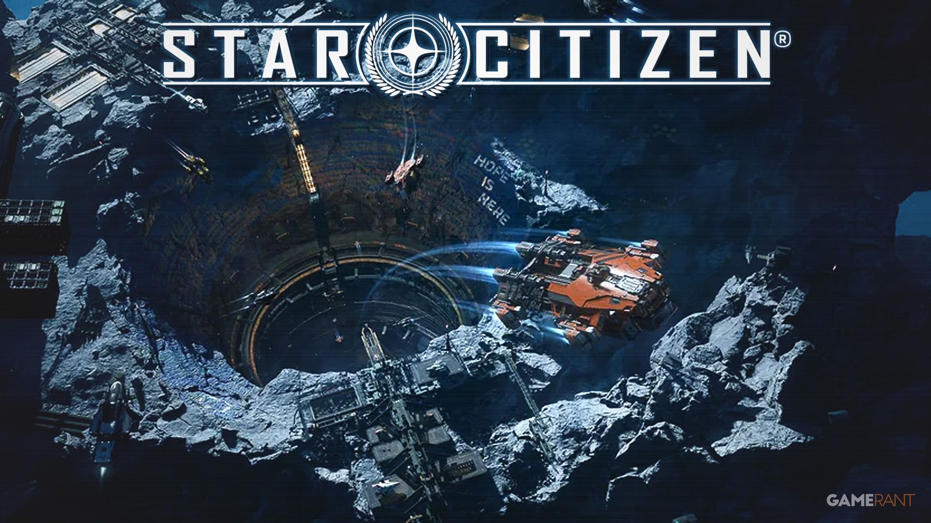 Star Citizen orange ship emerging from an asteroid mining operation with glowing game logo composite