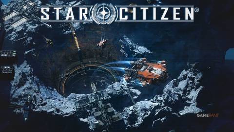 Star Citizen orange ship emerging from an asteroid mining operation with glowing game logo composite